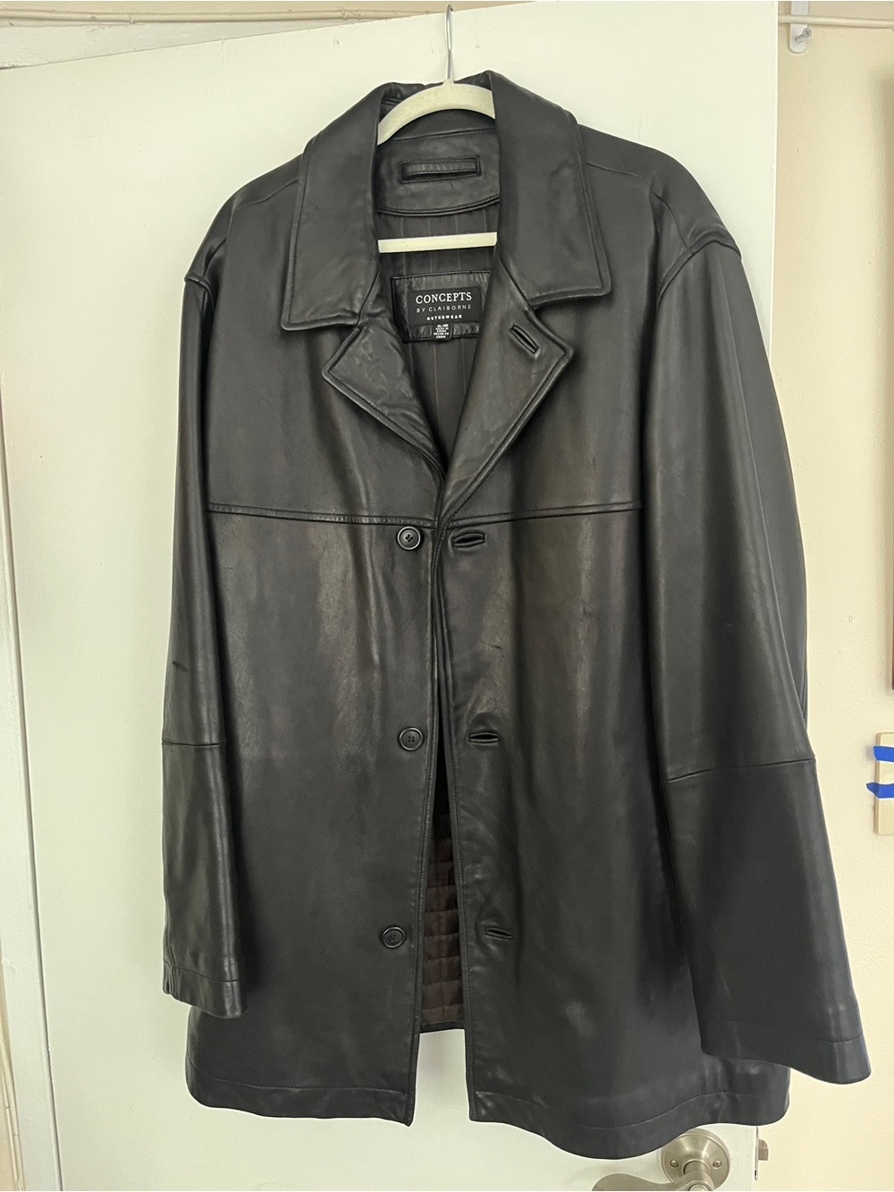 Claiborne Black Leather Trench Coat with Notch Lapel